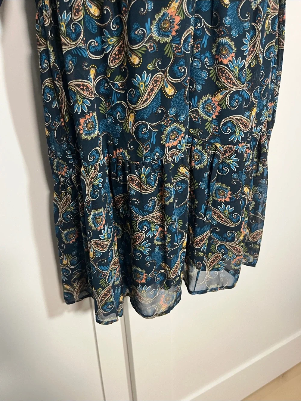 Etherial Gauzy Lightweight Dress Teal Paisley Size Small Faerie Cottage Neck Tie